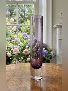 Vtg Bud vase Purple Poland Handcrafted Clear Base Handblown